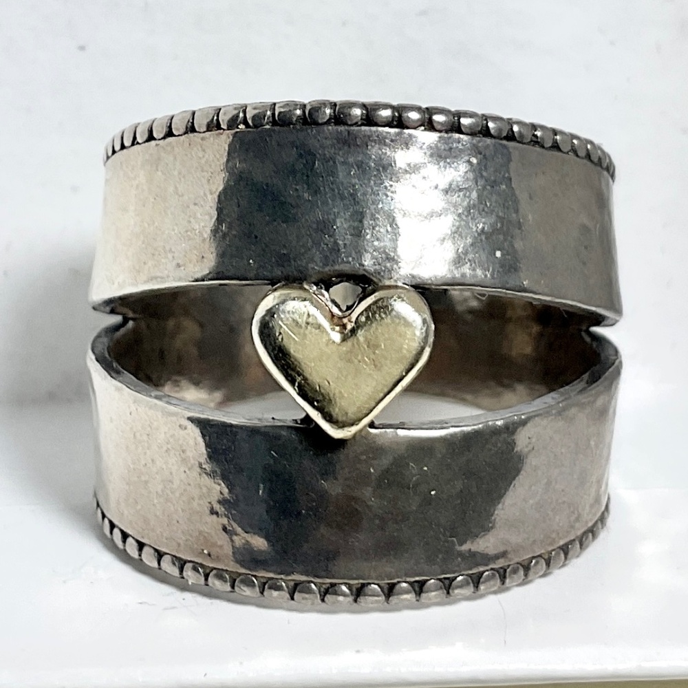 New Handcrafted Sterling Silver Ring Double Cigar Band Gold Center Heart Size 7